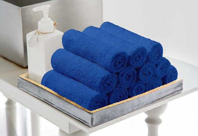 Avalon Towels Cotton Washcloths – (Pack of 36) Size 12x12 Inches, 100% Ring Spun Cotton, Soft & Absorbent Face Towels, Gym Towels, Hotel and Spa Quality, Reusable Fingertip Towels (Blue)