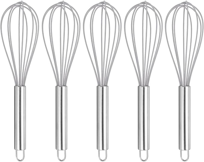 HARFINGTON 5Pcs Silicone Whisk 10" Kitchen Whisk Wire Whisks Beater with Stainless Steel Handle for Egg Milk Whisking Blending Beating & Stirring, Grey