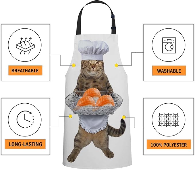 oFloral The Chef Cat Holds a Sushi Tray Apron Adjustable Apron Cooking Kitchen Chef Women Men Aprons for Home Kitchen, Restaurant, Coffee House, Baking Gardening BBQ