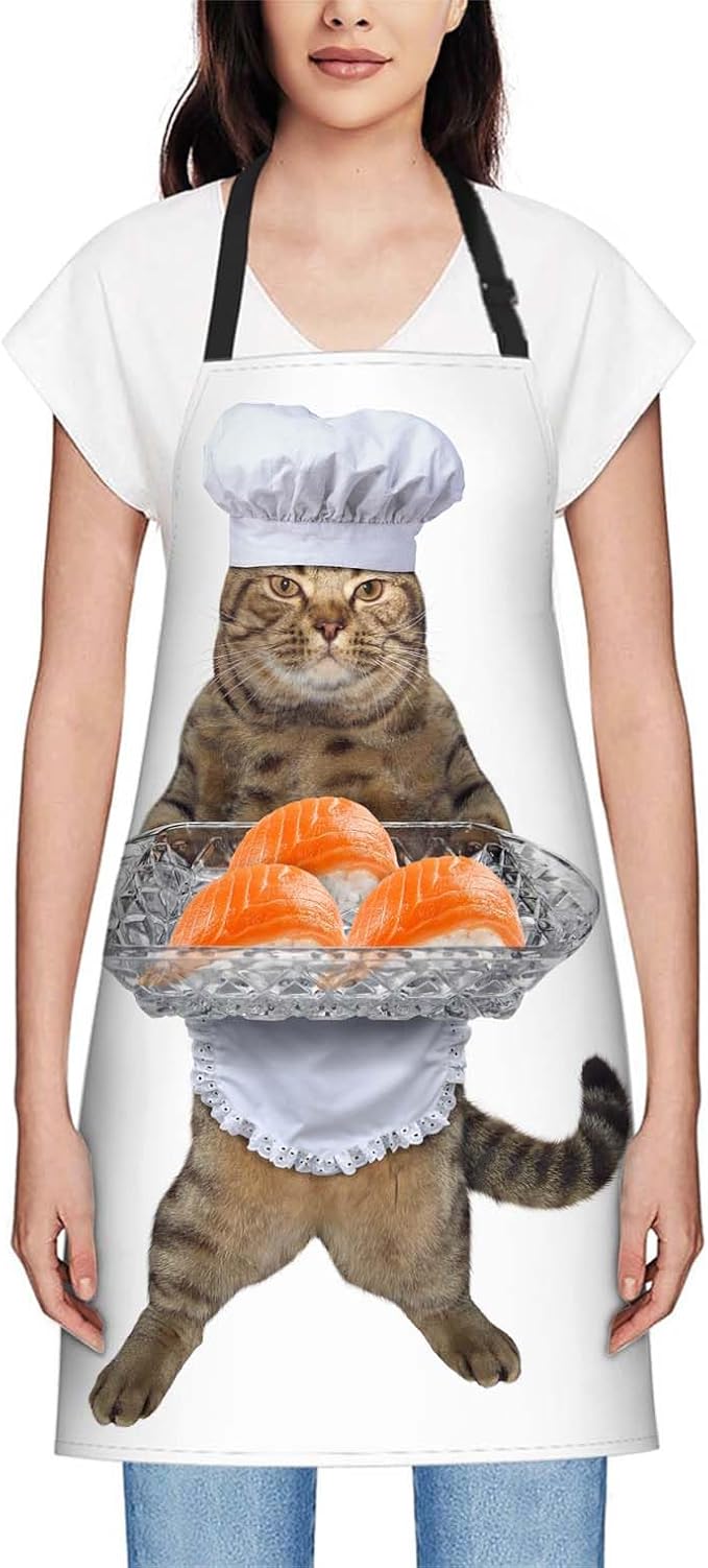 oFloral The Chef Cat Holds a Sushi Tray Apron Adjustable Apron Cooking Kitchen Chef Women Men Aprons for Home Kitchen, Restaurant, Coffee House, Baking Gardening BBQ