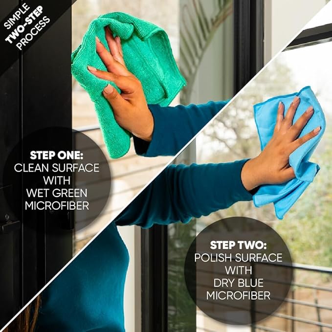 Longmann Microfiber Glass Cleaning Cloths | Streak Free Windows & Mirrors | Lint Free Towels | Car Windows Wipes | Polishing Rags | Machine Wash- 8 Pack (Green 2 Pack, Blue 6 Pack)