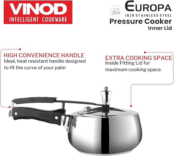 Vinod Europa Stainless Steel Inner Lid Pressure Cooker - 3 Litre | Handi Shape | Sandwich Bottom Cooker | Induction and Gas Base | ISI and CE certified