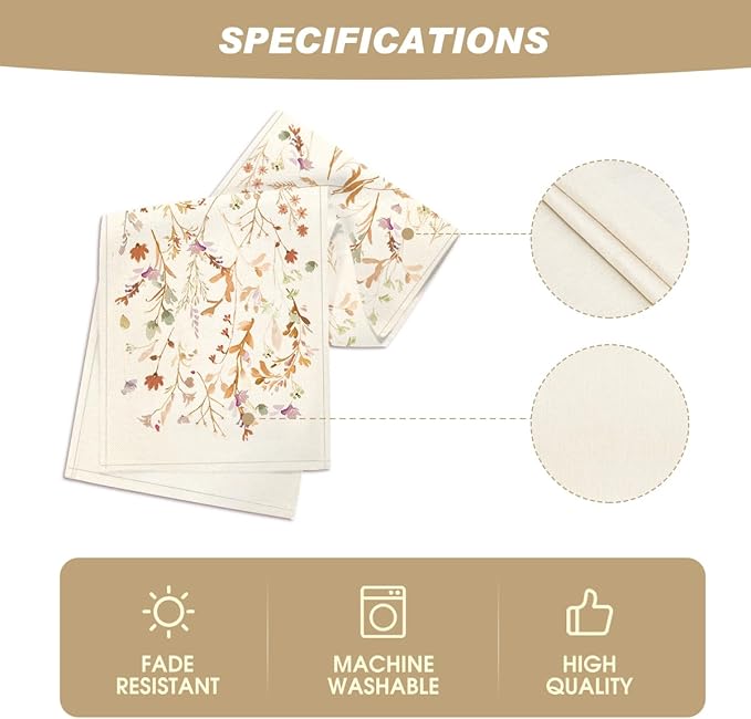 Artoid Mode Floral Leaves Fall Table Runner, Wild Flowers and Grasses Seasonal Autumn Kitchen Dining Table Decoration for Home Party Decor 13x36 Inch