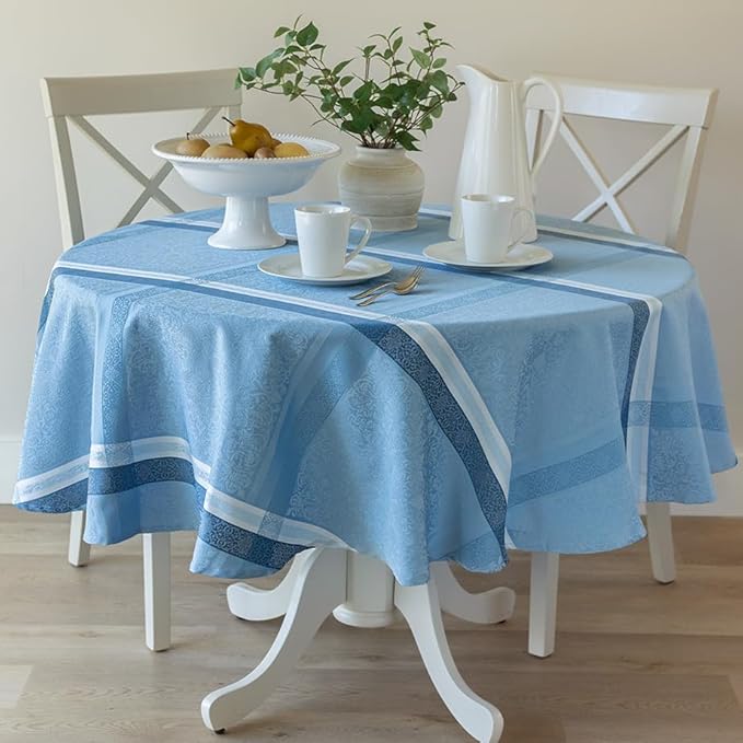 Benson Mills Ravenna Yarn Dyed Jacquard Heavyweight Fabric Table Cloth, Everyday, Parties, Weddings, Holiday, Spring, Summer, and Easter Tablecloth (70" Round, Blue)