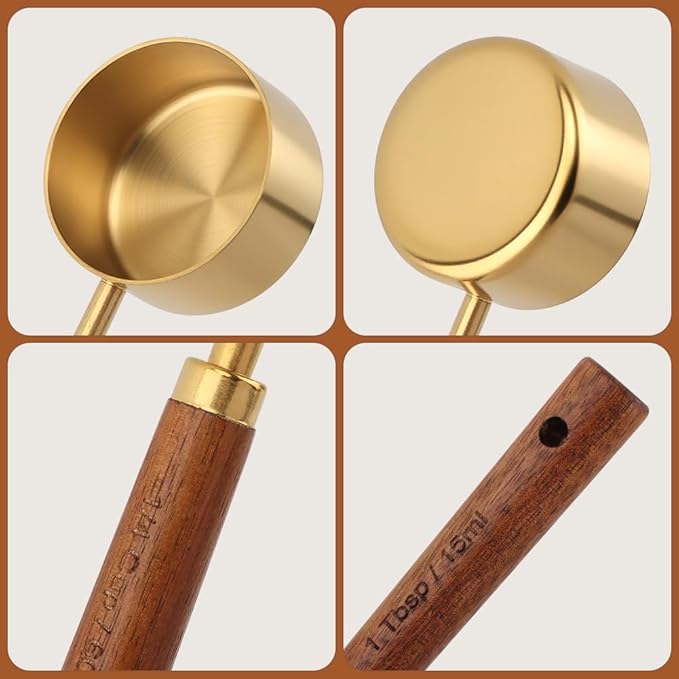 8Pcs Measuring Cups and Spoons Set, Stackable Measuring Cups with Wooden Handle, Stainless Steel Kitchen Measure Supplies Kit for Baking, Cooking(COLOR:gold+brown)
