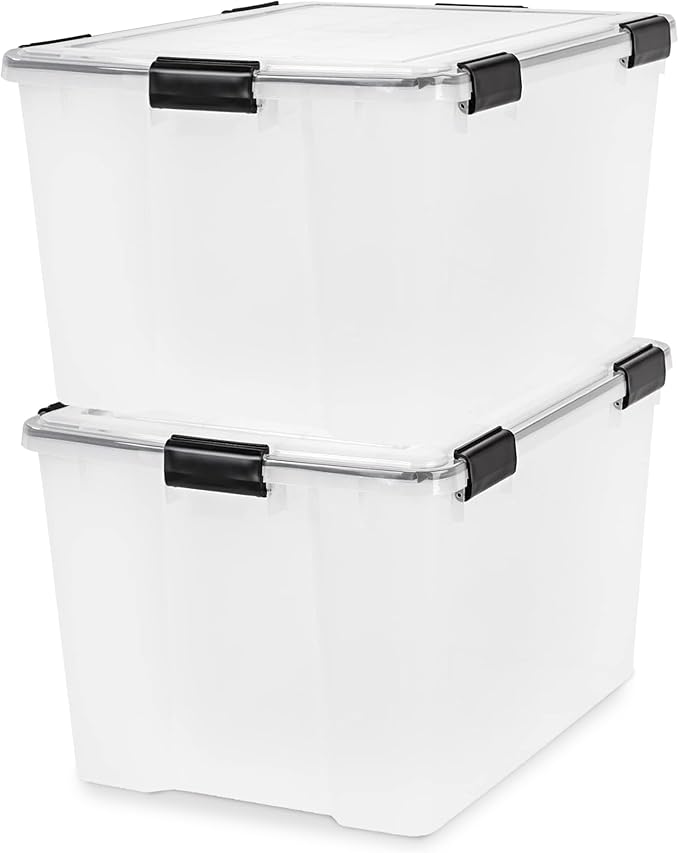 IRIS USA WeatherPro 74 Qt Storage Bins with Lids, 2 Pack, BPA-Free Plastic Gasket Box with Tight Latch and Seal, Stackable Nestable Tote Tub - Clear/Black