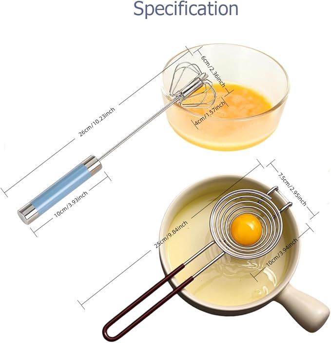Semi Automatic Whisk & Egg Yolk Separator, Stainless Steel Mini Hand Push Whisk, Hand Mixer Egg Beater Wisking Tool & Egg Separator for Raw Eggs Set, for Cooking, Baking