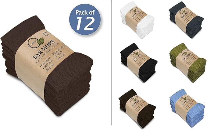 Softolle Bar Mop Towels, Pack of 12-16x19 Inches - 100% Cotton Super Absorbent Towels, Multi-Purpose for Home and Bar Cleaning (Brown)
