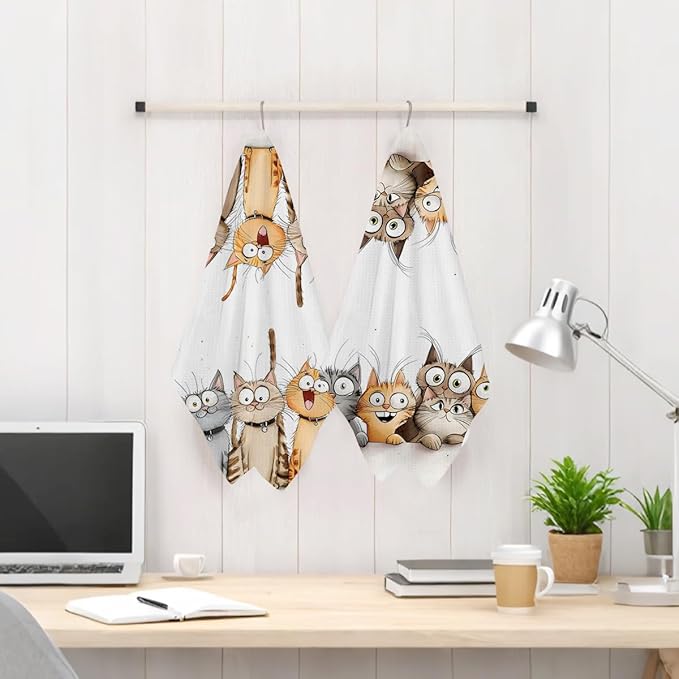 2 Pcs Cute Cat Kitchen Towels, Cats Soft Absorbent Hand Tea Towel, Microfiber Dish Cloths for Drying Dishes, Waffle Dish Towels for Kitchen Bathroom Decor, Cat Lover Gifts for Women