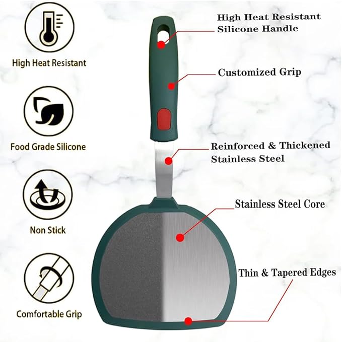 2Pcs Silicone Spatula Turner,Wide Pancake Spatulas utensils set for cooking,Heat Resistant Non-Stick Kitchen Use s for Flipping Pancakes, Omelettes, Fish,Dishwasher Safe.(Green)