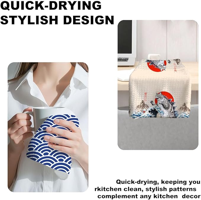 Jztco 2 Pcs Funny Japanese Cat Kitchen Towels, Japanese Wave Seamless Pattern Absorbent Microfiber Dish Cloth Tea Towel, Vintage Waffle Hand Towels for Farmhouse Home Bathroom, Cat Lover Gifts