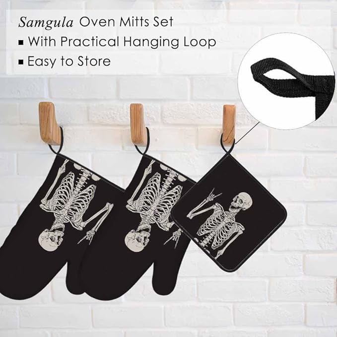 Human Skeleton Oven Mitts and Pot Holders Sets Funny Pose Happy Face Heat Resistant 3pcs for Cooking Baking BBQ