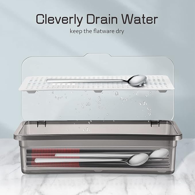 Cabilock Utensil Tray with Lid and Drain Rack, Dust-Proof Chopsticks Storage Boxes, Tableware Organizer Kitchen Cutlery Container Holder for Drawer, Table, Countertops, Cabinets
