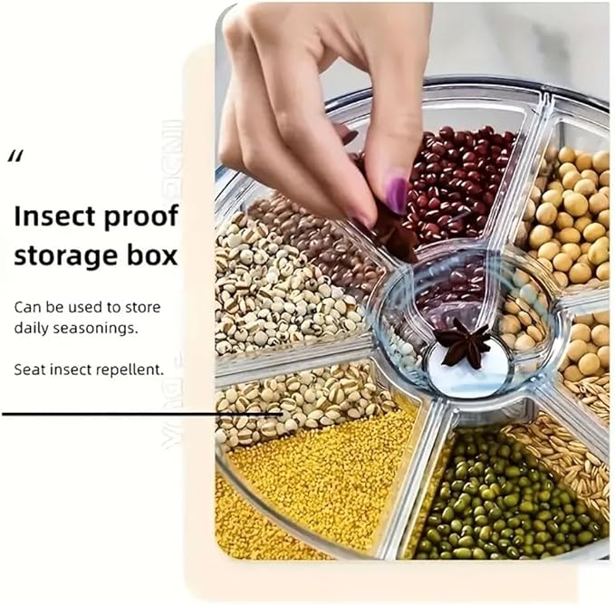 Rotating grain storage container,rice dispenser,6-compartment rice container, 360° rotating food dispenser One-Click Output rice Storage Round Grain Dispenser Kitchen for Grains, Beans, Rice.