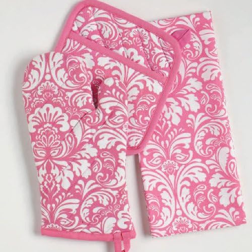 DII Quilted Kitchen Oven Mitt & Potholder Set, Hanging Loop for Convenient Storage, OM 6.5x12/PH 8x8.5, Pink Damask Print, 2 Piece