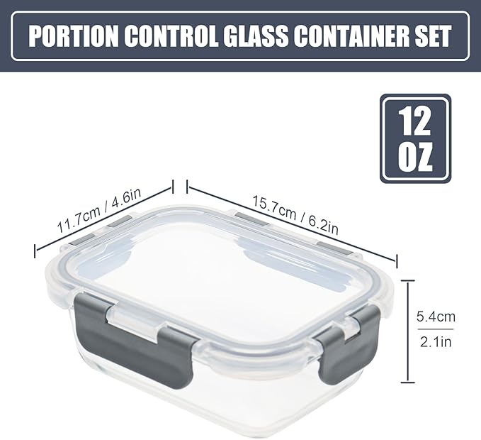 6pack 12oz Small Glass Meal Prep Containers, Glass Food Storage Containers with Snap Leak Proof Lids, Microwave, Freezer and Dishwasher Safe (Grey, 12oz)