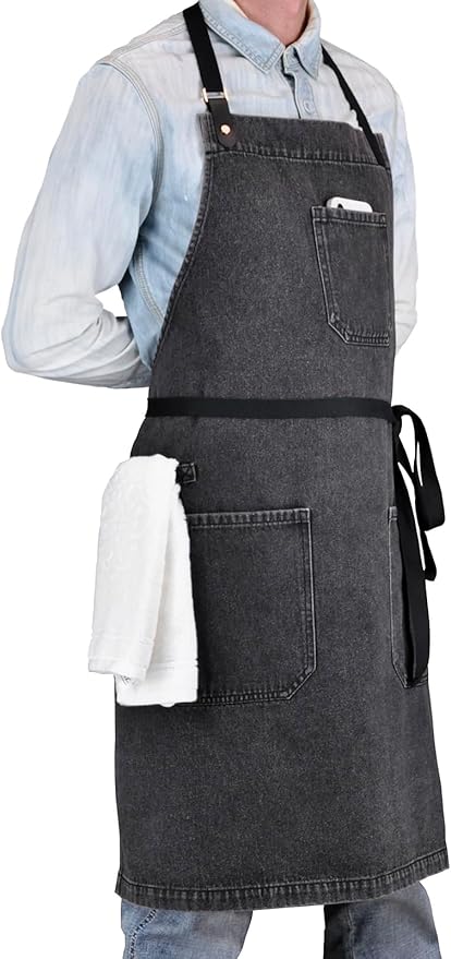 Denim Apron with Pockets, Professional for Mens Womens Chef Kitchen Cooking Grill BBQ Painting Baking, Black Bib with Towel Loop & Adjustable Neck Strap (Black Denim -2)
