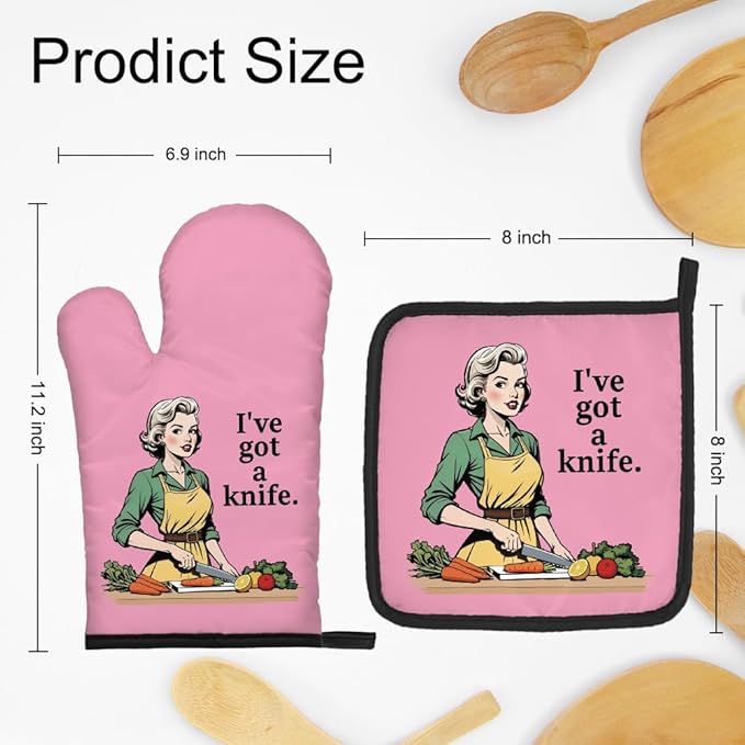 DYJYBMY I've Got A Knife Funny Oven Mitts and Pot Holder Set for Baking Cooking, Vintage Lady Kitchen Gadgets for Women, Fun Housewarming Cooking Gifts for Women Bakers Mom Wife Grilfriend Sister BFF