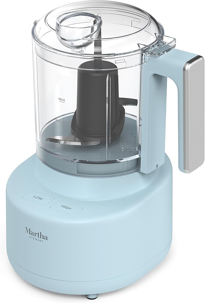 Martha Stewart 3 Cup Food Processor, Electric Vegetable Chopper, Stainless Steel Blades, 24oz BPA-Free Bowl, Pour Spout, Dicing, Mincing, Chop & Puree, Dishwasher Safe, Oil Chute, Easy-Clean, Sky Blue
