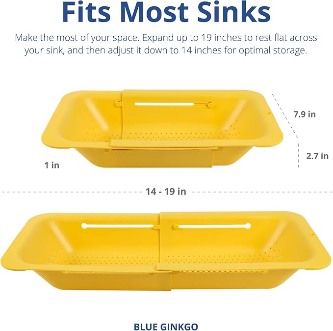 BLUE GINKGO Over the Sink Colander Strainer Basket - Wash Vegetables and Fruits, Drain Cooked Pasta and Dry Dishes - Extendable - New Home Kitchen Essentials (Yellow, 1 Pack)