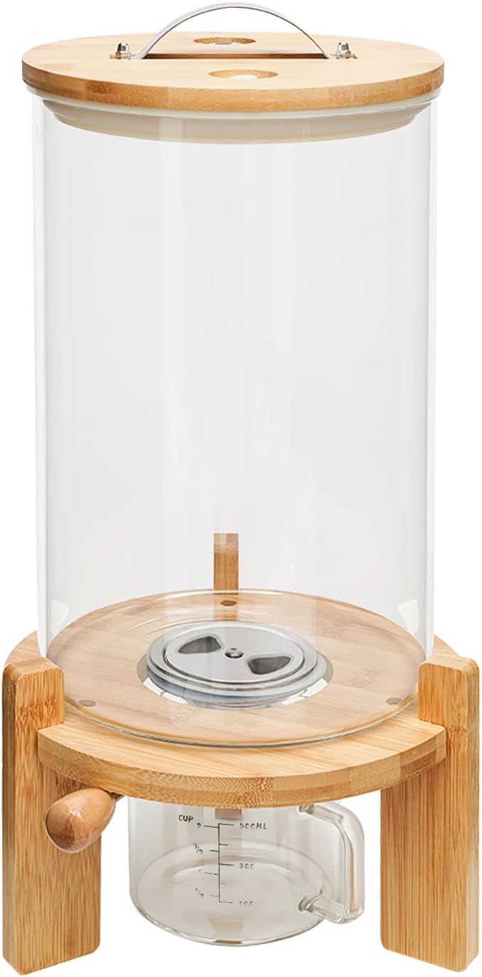 Rice Dispenser, 7.5L Glass Rice Container Cereal Container with Bamboo Stand Large Food Storage Container Flour Organization with Airtight Lid & Measuring Cup for Grain Legumes (7.5L)