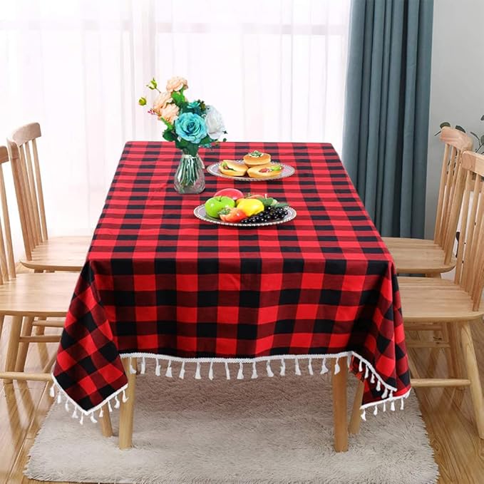 DUOBAO 54x54 Inch Red and Black Buffalo Plaid Tassel Tablecloth:Perfect for Dining Room, Kitchen, and Holiday Gatherings