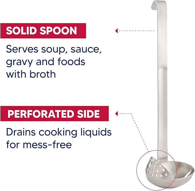 HIC Kitchen Oval Straining Ladle with Spout, 18/8 Stainless Steel, Stir, Scoop, Strain, Drain, and Serve, 3-Ounce Capacity