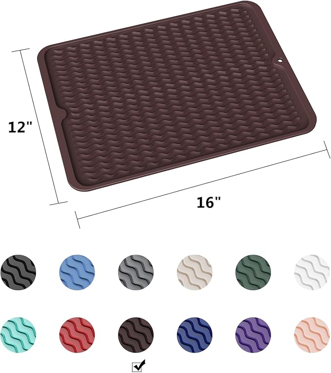 ZLR Silicone Dish Drying Mat & Heat Resistant Trivet (12" x 16") - Waterproof Counter Protector for Air Fryer, Coffee Maker - Non-Slip, BPA Free Kitchen Pad, Easy Clean Dishwasher Safe (Coffee)