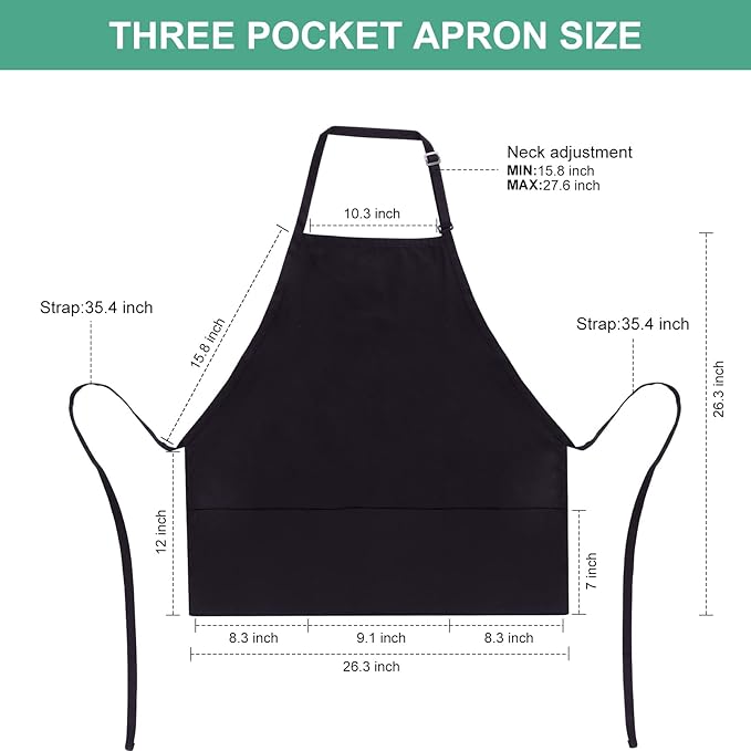 Jubatus 2 Pack 3 Pockets Adjustable Bib Apron Chef Kitchen Cooking Aprons for Women Men, Black