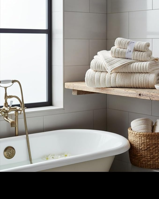 BIOLINEN 6-Piece Luxury Towel Set Ivory - 2 Bath Towels, 2 Hand Towels, 2 Washcloths - Soft Absorbent Cotton Towel Pack for Bathroom, Home, Gym & Travel