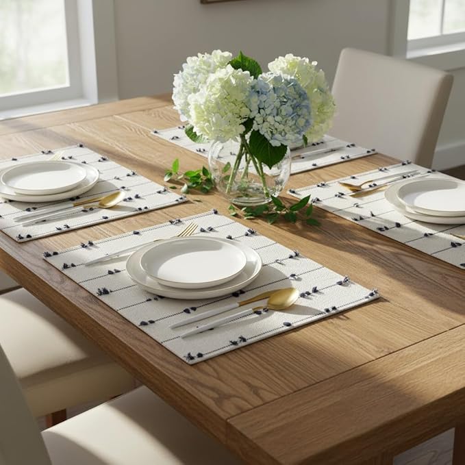 Boho Placemats 13 x 19 Inch Set of 6 for Dining Table Decor Woven Cloth Place Mats for Farmhouse Rustic Kitche Spring Home Decor Cotton Placemats Blue and Beige Table Mats