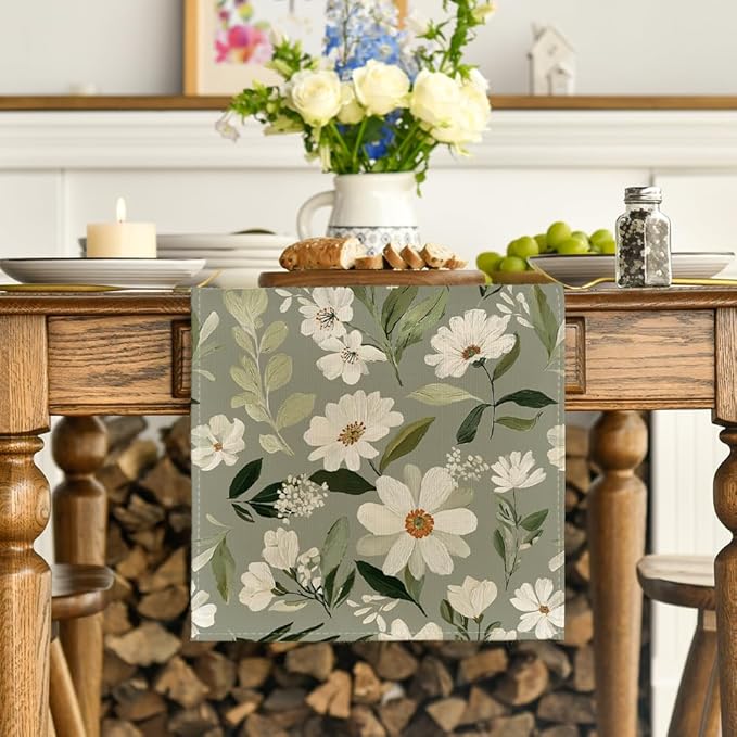 Artoid Mode Olive Green Daisy Flowers 210 GSM Spring Table Runner, Seasonal Summer Kitchen Dining Table Decoration for Home Party Decor 13x48 Inch