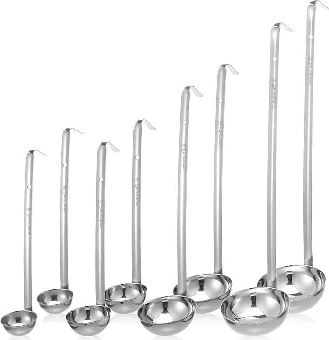 8pcs Stainless Steel Soup Ladle for Serving with Long Handles Sturdy Soup Ladle Portion Control Serving Spoons Cooking Servings Ladles for Cooking Stirring Sauce Kitchen Home Accessories Restaurant
