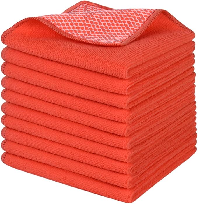 SINLAND Microfiber Dish Cloth for Washing Dishes Dish Washing Rags Best Kitchen Washcloth Cleaning Cloths Wash Cloths with Poly Scour Side 12Inchx12Inch 10 Pack Red
