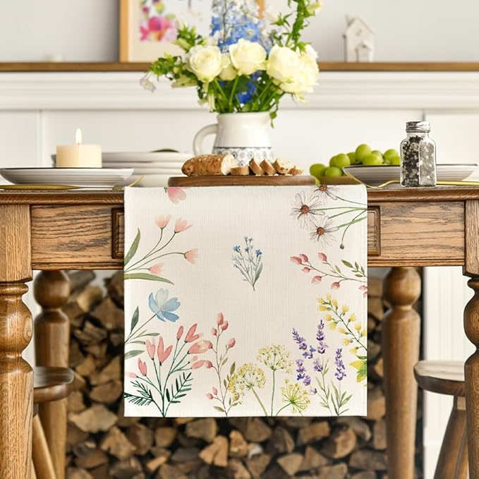 Artoid Mode Flowers Spring Table Runner, Seasonal Summer Fall Kitchen Dining Table Decoration for Home Party 13x120 Inch