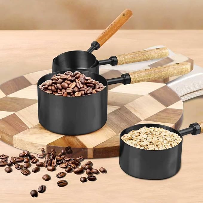 Black Measuring Cups and Spoons Set,8 Piece Stainless Steel Measuring Cup with Wood Handles for Cooking and Baking in the Kitchen
