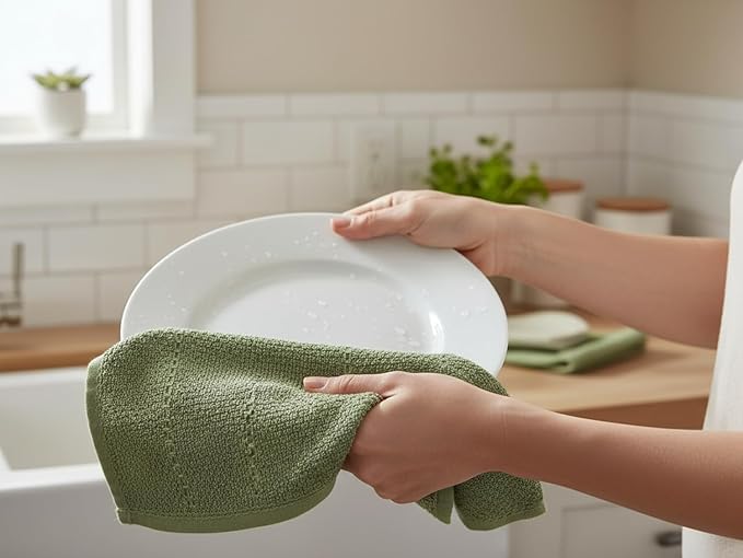 Serafina Home Dark Sage Green Kitchen Hand Dish Towels: Oversized 28" x 18",100% Cotton Cloth Soft Cleaning Drying Absorbent Textured Design, Set of 3 Multipurpose for Everyday Use (Dark Sage)