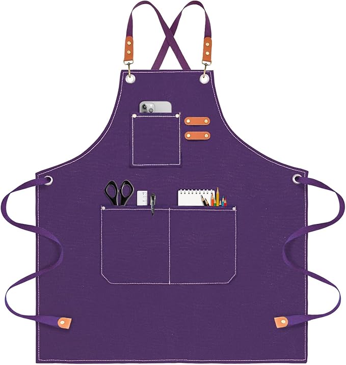 OUNLEN Chef Apron for Men Women Canvas Aprons with 3 Pockets Cross Back Resistant Work Apron for Cooking