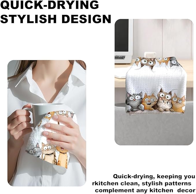 2 Pcs Cute Cat Kitchen Towels, Cats Soft Absorbent Hand Tea Towel, Microfiber Dish Cloths for Drying Dishes, Waffle Dish Towels for Kitchen Bathroom Decor, Cat Lover Gifts for Women