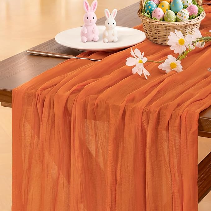 Socomi Orange Easter Spring Cheesecloth Table Runner Boho Rustic Gauze 120 inch 10FT Cheese Cloth Runner for Wedding Party Baby Shower Birthday Home Decor Holiday Decorations