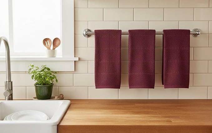 Serafina Home Purple Burgundy Wine Kitchen Hand Dish Towels: Oversized 28" x 18",100% Cotton Cloth Soft Cleaning Drying Absorbent Textured Design, Set of 3 Multipurpose for Everyday Use (Wine)