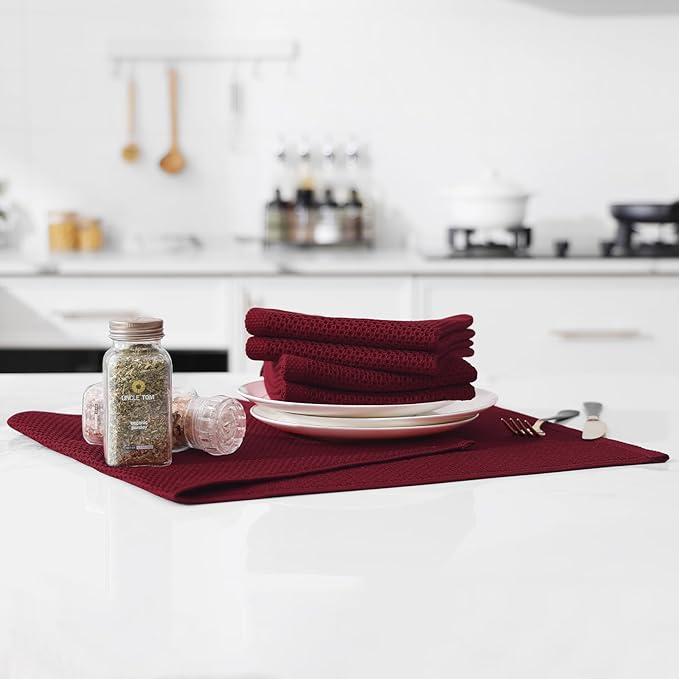 Kitinjoy 100% Cotton Waffle Weave Kitchen Hand Towels (13 X 28 Inches, Burgundy), 4-Pack Super Soft and Absorbent Dish Towel for Drying Dishes