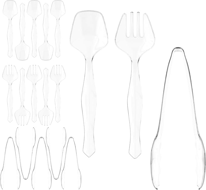 18 Pcs Clear Plastic Serving Utensils Set - 6 Clear Plastic Serving Spoons, 6 Tongs And 6 Forks - Heavy Duty Disposable Serving Utensils Set For Parties