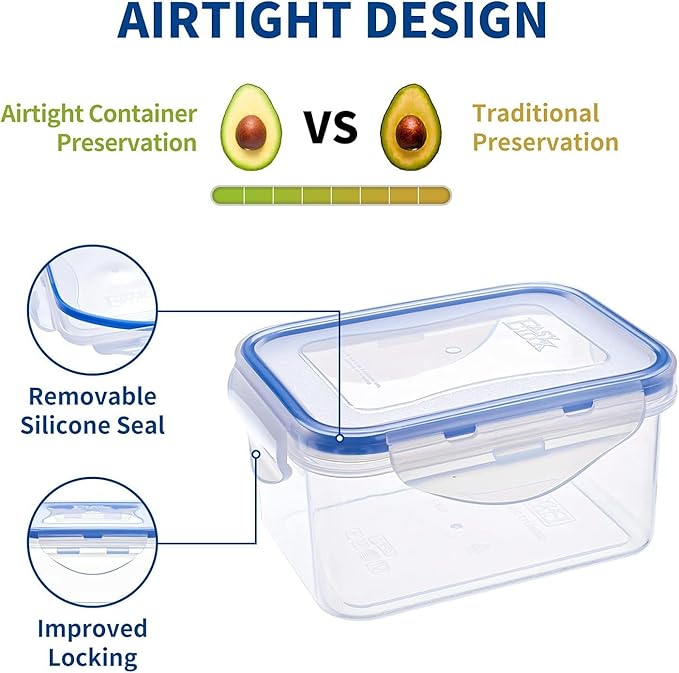 KIGI Small Food Storage Containers, Rectangle, 4-Sided Locking Airtight Lids, BPA-Free Plastic, Leak-Proof, Ideal for Lunch, Meal Prep, Snack & Portion Control, 17 oz / 2.1 Cup, 12 Piece Set