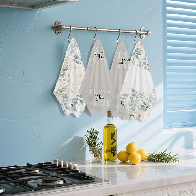 4 Pcs Flower Kitchen Towels, Home Decor Soft Absorbent Tea Hand Towel, Microfiber Dish Cloths for Drying Dishes, Waffle Dish Towels for Kitchen Bathroom, Housewarming Gifts for Women