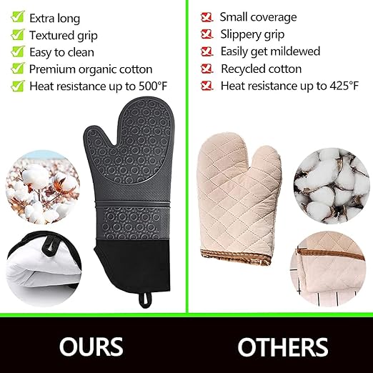 Silicone Oven Mitts and Pot Holders Sets, MTZRFLL Extra Long Heat Resistant Oven Gloves with Hot Pads and Mini Oven Mits Set for Kitchen Cooking Baking, Soft Quilted Lining, Pack of 6 (Gray)