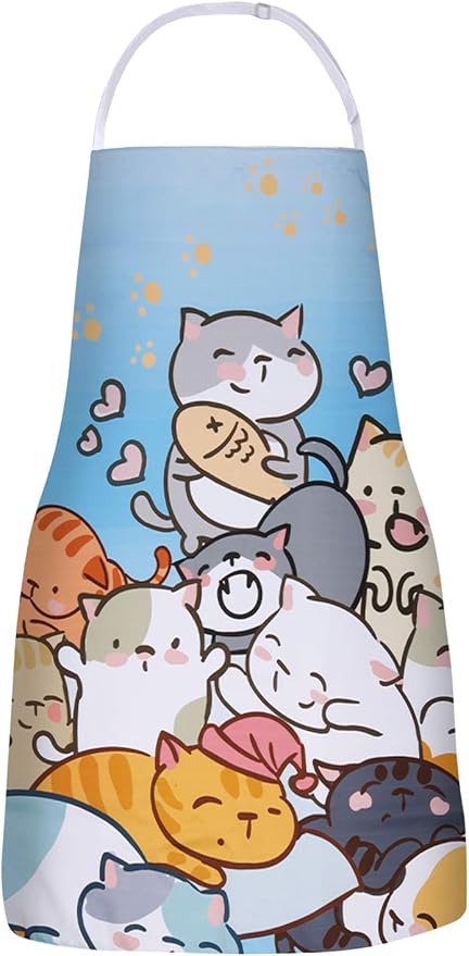 RosieLily Cat Apron for Women Cute Apron Anime Apron Funny Apron Kitchen Apron for Cooking Baking Gardening Grilling BBQ Kawaii Apron for Teens Blue Apron Cat Lover Gifts for Women