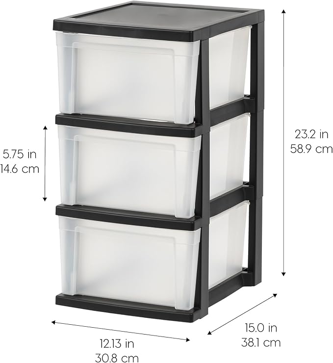 IRIS USA Plastic Drawer Storage Organizer, 3-Drawers, 2-Pack, for Classroom Art Craft Supplies, Bathroom Bedroom, Laundry Room, Black/Clear