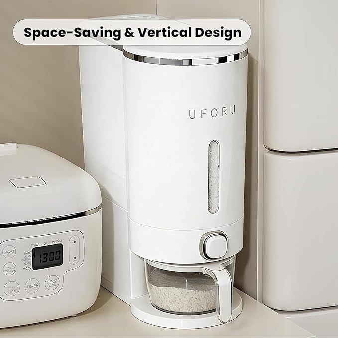 Rice Dispenser, Rice Storage Container with Measuring Cup for Kitchen Pantry Household, Cereal Dry Food Storage Containers Airtight, Sealed Moisture Proof (White 22 Lbs)