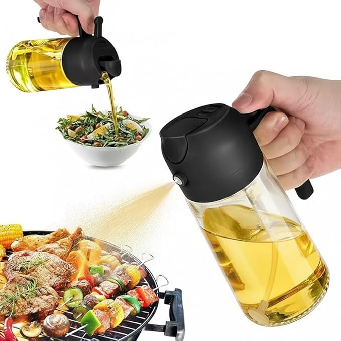 2-in-1 Oil Sprayer & Pour Bottle for Cooking 470ml Glass Olive Oil Dispenser with Leak-Proof Stainless Steel Nozzle, Fine Mist Spray for Healthy Cooking, Air Fryer & Salad (Black)